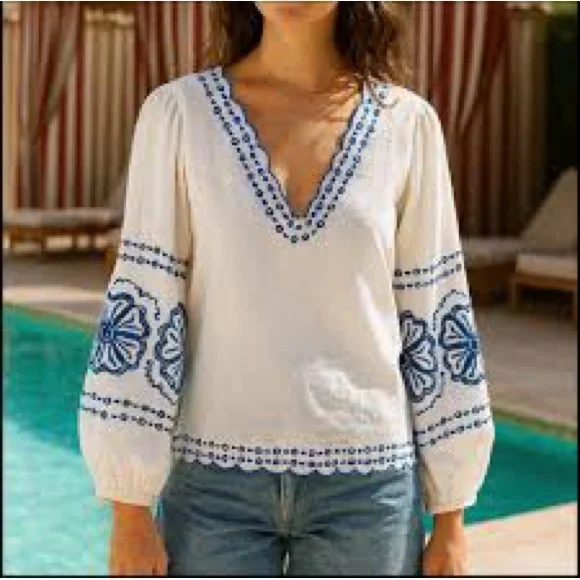 J. crew bungalow embroided women’s large white blue shirt - Picture 2 of 3